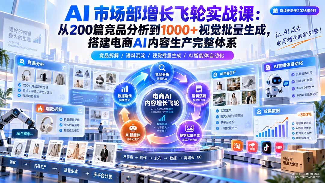 AI 市场部增长飞轮实战课：从200篇竞品分析到1000+视觉批量生成，搭建电商AI内容生产完整体系-旺仔资源库