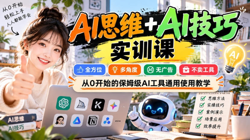 【无水印】AI思维+AI技巧实训课,全方位、多角度、无广告、不卖工具,从0开始的保姆级AI工具通用使用教学-旺仔资源库