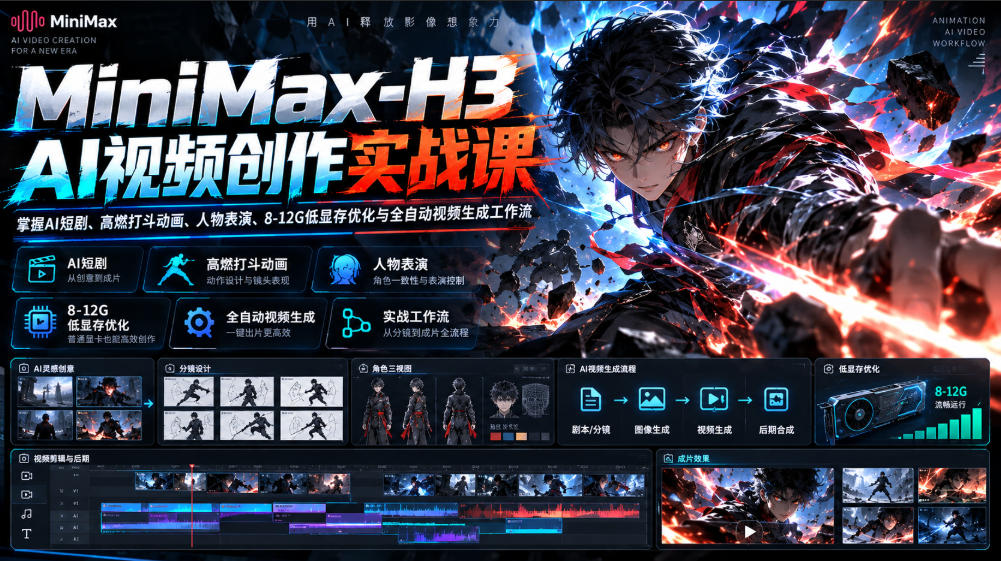 MiniMax-H3 AI视频创作实战课,掌握AI短剧、高燃打斗动画、人物表演、8-12G低显存优化与全自动视频生成工作流-旺仔资源库