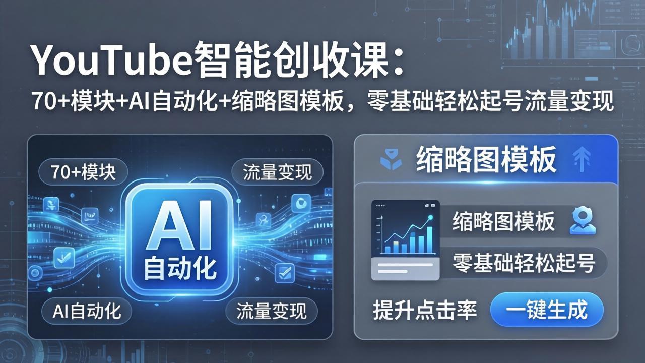YouTube智能创收课：70+模块+AI自动化+缩略图模板，零基础轻松起号流量变现-旺仔资源库