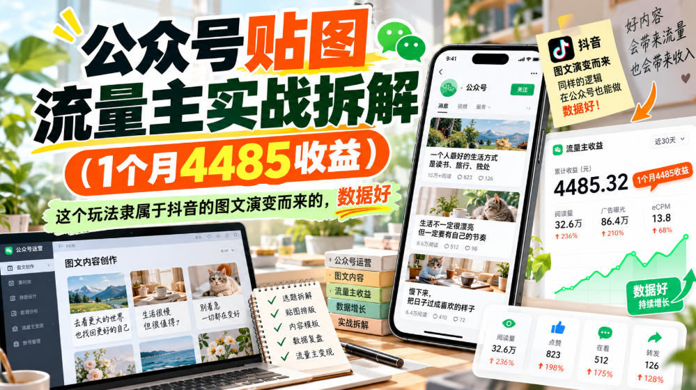 公众号贴图流量主实战拆解(1个月4485收益),这个玩法隶属于抖音的图文演变而来的,数据好-旺仔资源库
