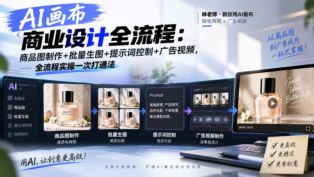 AI画布商业设计全流程:商品图制作+批量生图+提示词控制+广告视频,全流程实操一次打通法-旺仔资源库