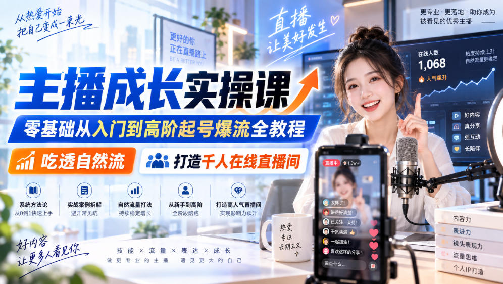 主播成长实操课｜零基础从入门到高阶起号爆流全教程，吃透自然流，打造千人在线直播间-旺仔资源库