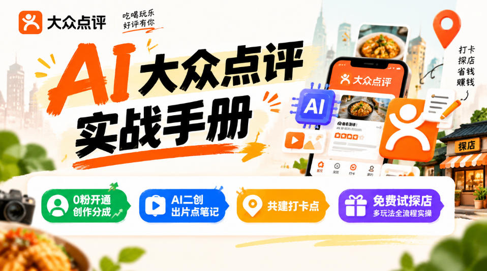 某局的AI大众点评实战手册,0粉开通创作分成、AI二创出片点笔记、共建打卡点、免费试探店多玩法全流程实操-旺仔资源库