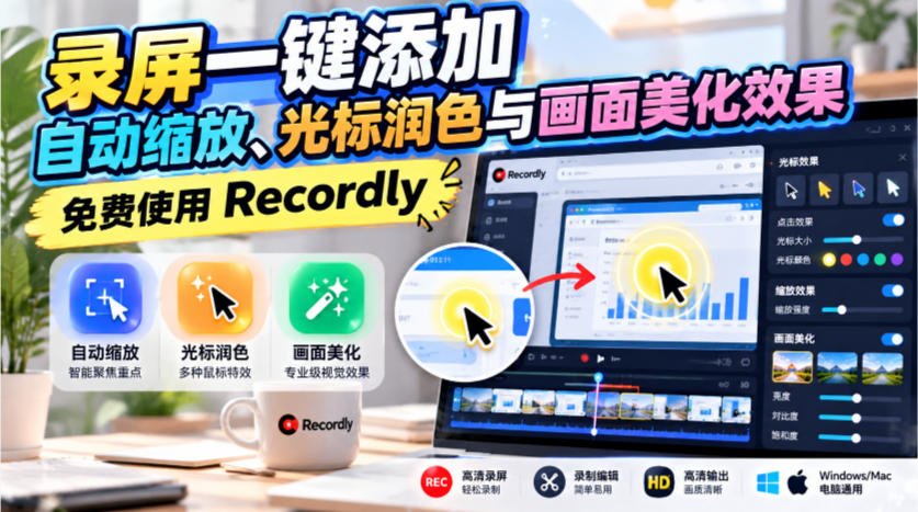 录屏一键添加自动缩放、光标润色与画面美化效果，免费使用Recordly-旺仔资源库