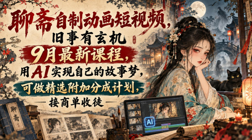 聊斋自制动画短视频，旧事有玄机9月最新课程，用AI实现自己的故事梦，可做精选附加分成计划，接商单收徒-旺仔资源库