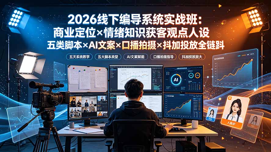 2026线下编导系统实战班:商业定位×情绪知识获客观点人设五类脚本×AI文案×口播拍摄×抖加投放全链路-旺仔资源库
