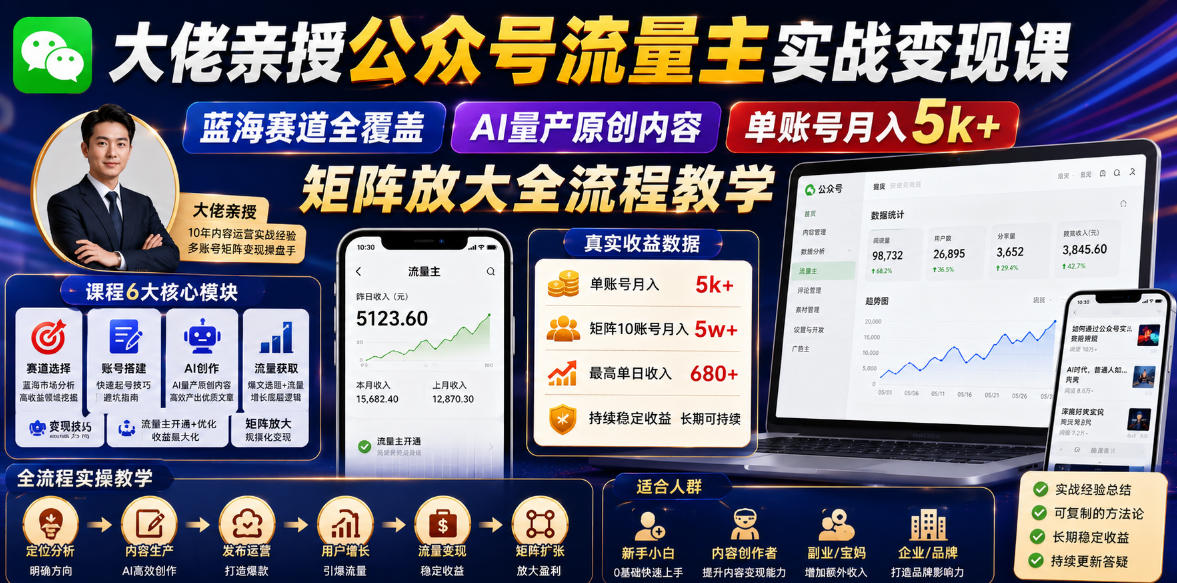大佬亲授公众号流量主实战变现课，蓝海赛道全覆盖，AI量产原创内容，单账号月入5k+矩阵放大全流程教学-旺仔资源库