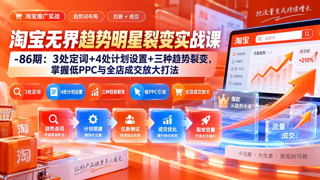 淘宝无界趋势明星裂变实战课-86期:3处定词+4处计划设置+三种趋势裂变,掌握低PPC与全店成交放大打法-旺仔资源库