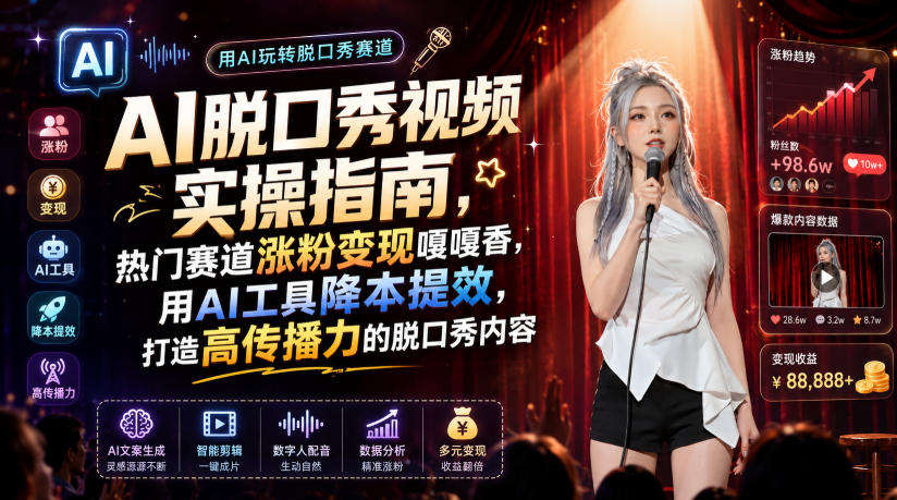 AI脱口秀视频实操指南,热门赛道涨粉变现嘎嘎香,用AI工具降本提效,打造高传播力的脱口秀内容-旺仔资源库