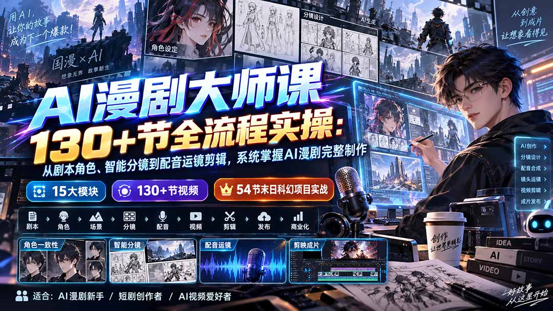 AI漫剧大师课130+节全流程实操:从剧本角色、智能分镜到配音运镜剪辑,系统掌握AI漫剧完整制作-旺仔资源库