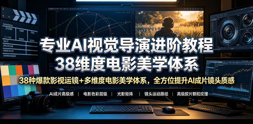 专业AI视觉导演进阶教程，38种爆款影视运镜+多维度电影美学体系，全方位提升AI成片高级感与镜头质感-旺仔资源库