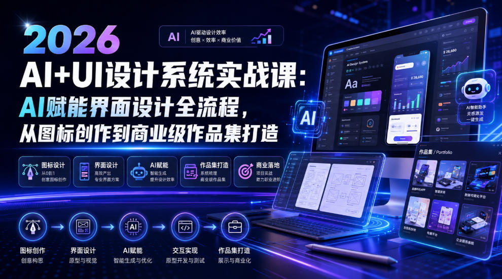 2026 AI+UI设计系统实战课：AI赋能界面设计全流程，从图标创作到商业级作品集打造-旺仔资源库