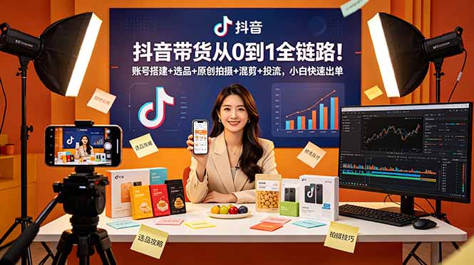 抖音带货从0到1全链路!账号搭建+选品+原创拍摄+混剪+投流,小白快速出单-旺仔资源库