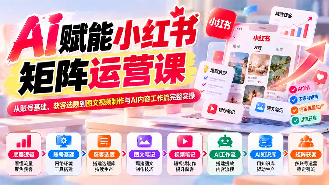 AI赋能小红书矩阵运营课:从账号基建、获客选题到图文视频制作与AI内容工作流完整实操-旺仔资源库