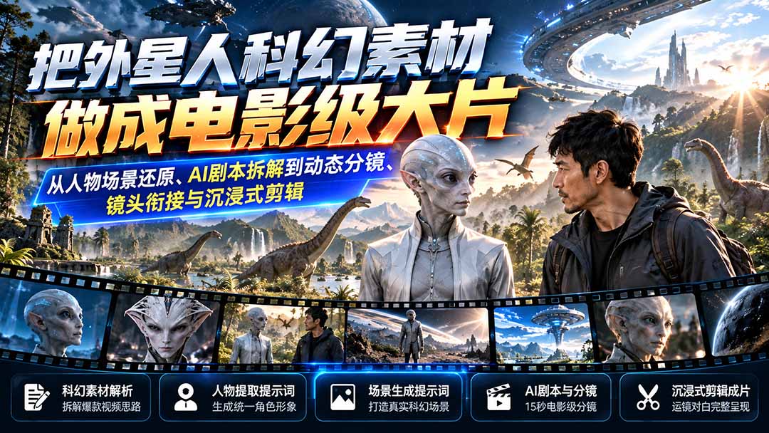 把外星人科幻素材做成电影级大片:从人物场景还原、AI剧本拆解到动态分镜、镜头衔接与沉浸式剪辑-旺仔资源库