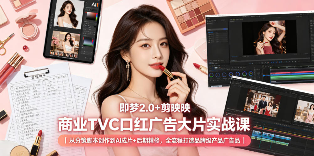 即梦2.0+剪映商业TVC口红广告大片实战课｜从分镜脚本创作到AI成片+后期精修，全流程打造品牌级产品广告-旺仔资源库