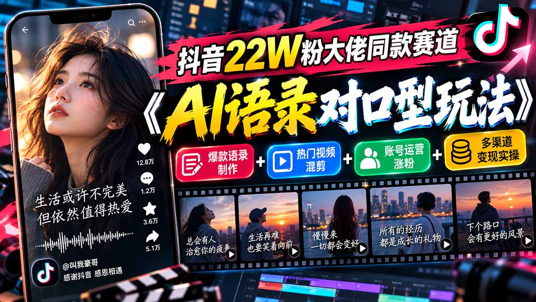 抖音22W粉大佬同款赛道《AI语录对口型玩法》:爆款语录制作+热门视频混剪+账号运营涨粉+多渠道变现实操-旺仔资源库