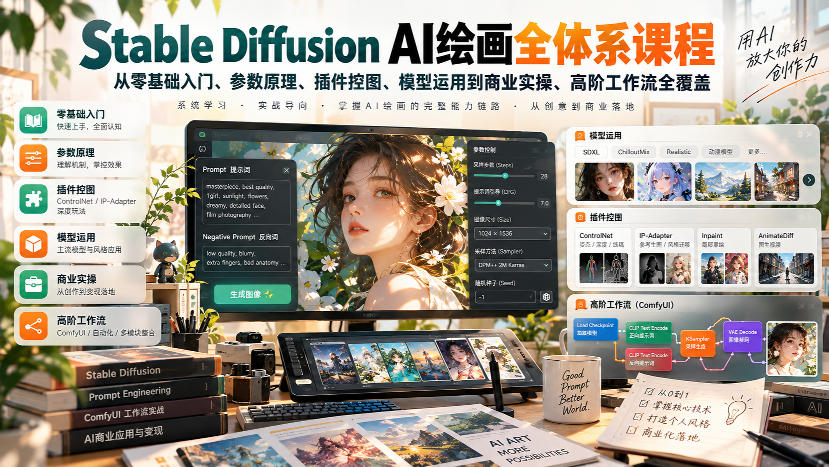 【无水印】Stable Diffusion AI绘画全体系课程,从零基础入门、参数原理、插件控图、模型运用到商业实操、高阶工作流全覆盖-旺仔资源库