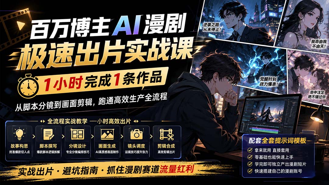 百万博主AI漫剧极速出片实战课：1小时产出条作品，从脚本分镜到画面剪辑，跑通高效生产全流程-旺仔资源库
