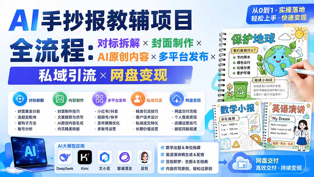 AI手抄报教辅项目全流程：对标拆解×封面制作×AI原创内容×多平台发布×私域引流×网盘变现-旺仔资源库