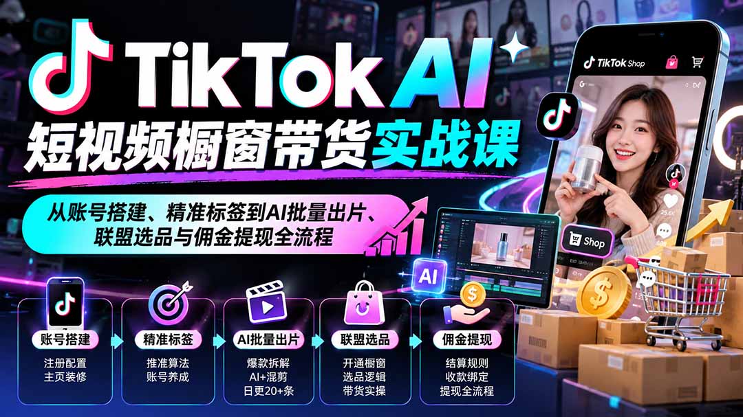 TikTok AI短视频橱窗带货实战课:从账号搭建、精准标签到AI批量出片、联盟选品与佣金提现全流程-旺仔资源库