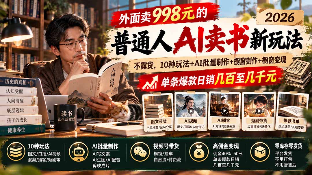 外面卖998元的2026普通人AI卖书新玩法：不露脸、不囤货，10种玩法+AI批量制作+橱窗变现，单条爆款日销几百至几千元-旺仔资源库