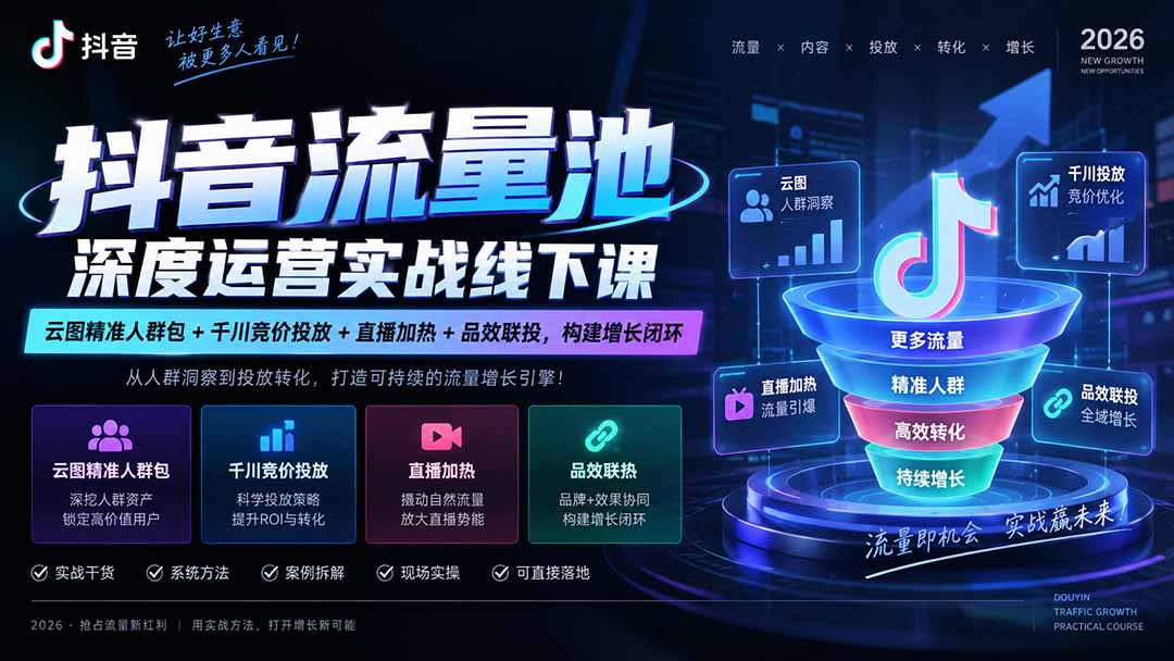抖音流量池深度运营实战线下课｜云图精准人群包+千川竞价投放+直播加热+品效联投，构建增长闭环-旺仔资源库