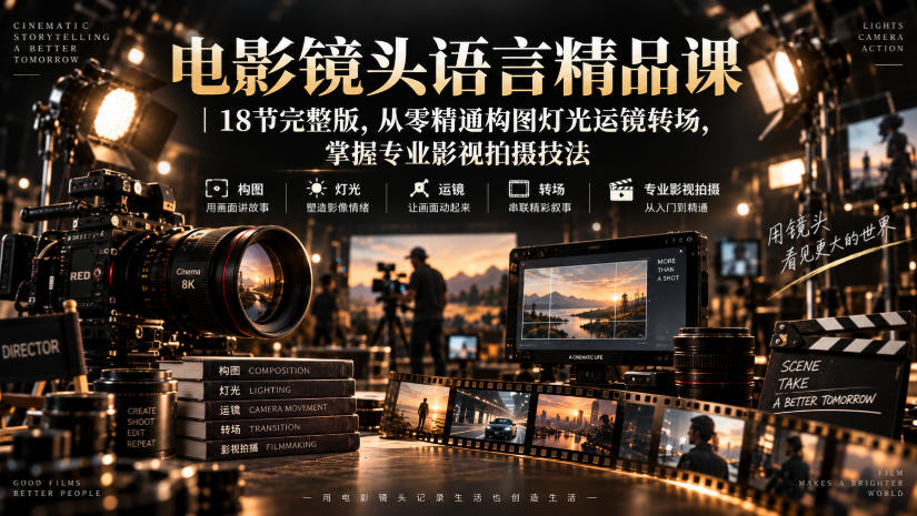 电影镜头语言精品课|18节完整版,从零精通构图灯光运镜转场,掌握专业影视拍摄技法-旺仔资源库