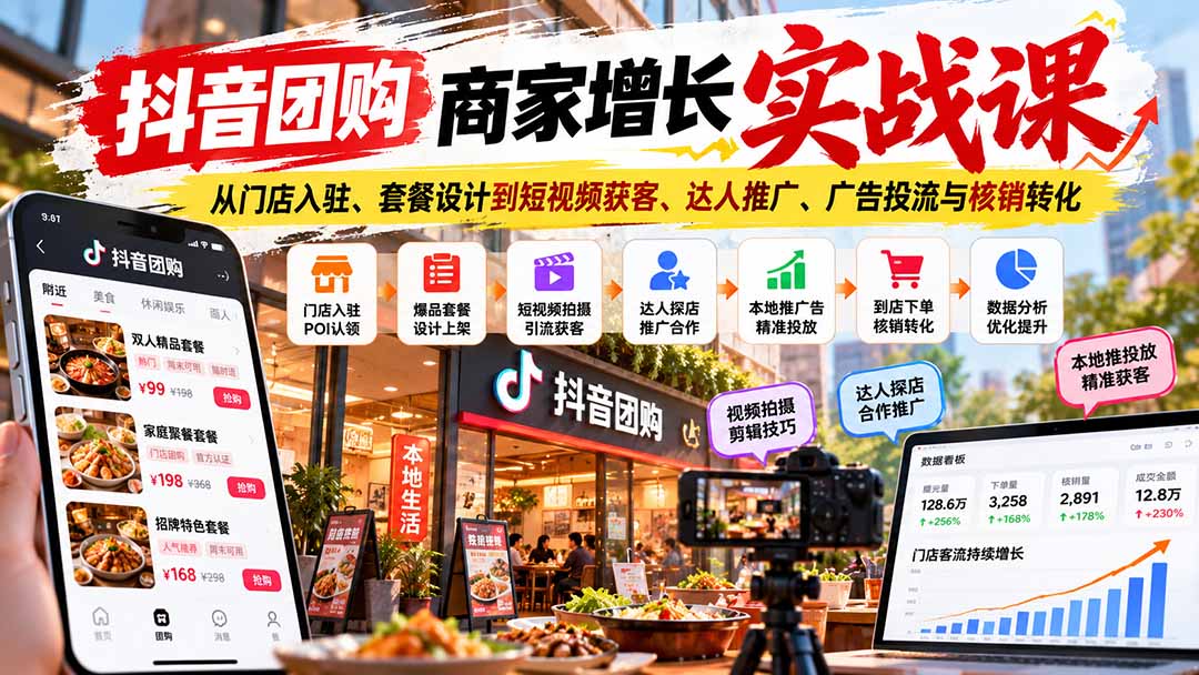 抖音团购商家增长实战课：从门店入驻、套餐设计到短视频获客、达人推广、广告投流与核销转化-旺仔资源库