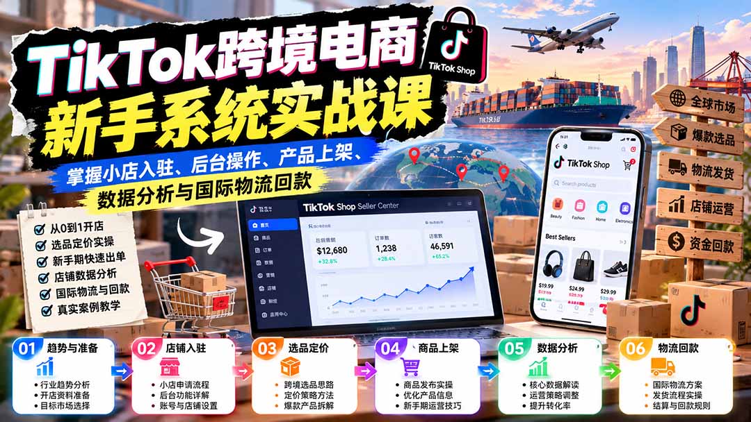 TikTok跨境电商新手系统实战课：掌握小店入驻、后台操作、产品上架、数据分析与国际物流回款-旺仔资源库