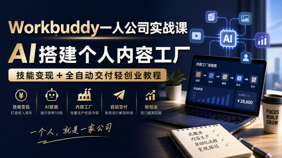 Workbuddy一人公司实战课,AI搭建个人内容工厂,技能变现+全自动交付轻创业教程-旺仔资源库