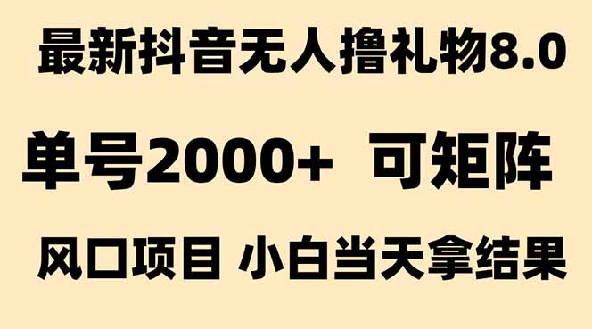 抖音无人撸礼物8.0玩法 全新风口   见效果快  全无人  单号当天产出2000+-旺仔资源库