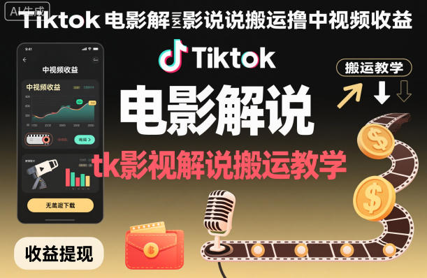 Tiktok电影解说搬运撸中视频收益，tk影视解说搬运教学-旺仔资源库