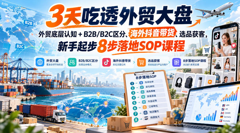 3天吃透外贸大盘，外贸底层认知+B2B/B2C区分、海外抖音带货、选品获客，新手起步8步落地SOP课程-旺仔资源库
