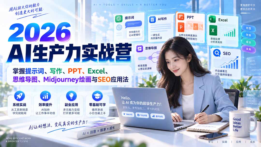 2026AI生产力实战营：掌握提示词、写作、PPT、Excel、思维导图、Midjourney绘画与SEO应用法-旺仔资源库