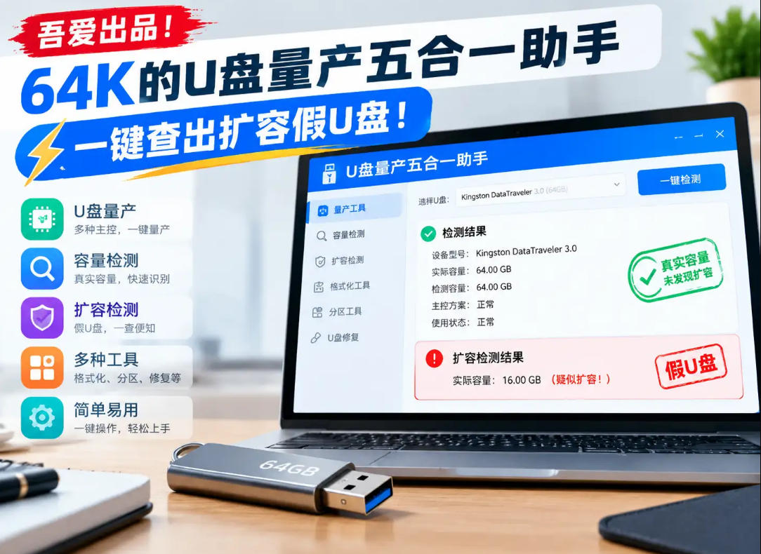 吾爱出品！64K的U盘量产五合一助手，一键查出扩容假U盘！-旺仔资源库