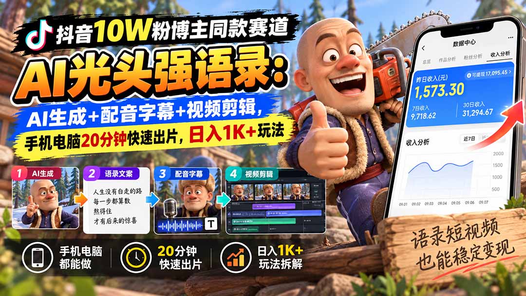 【无水印】抖音10W粉博主同款赛道AI光头强语录:AI生成+配音字幕+视频剪辑,手机电脑20分钟快速出片,日入1K+玩法-旺仔资源库
