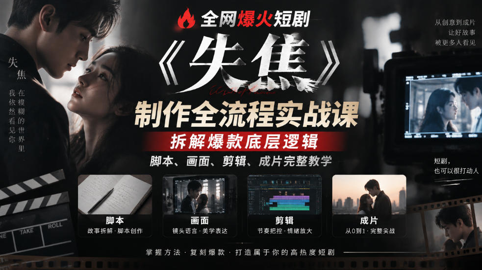 全网爆火短剧《失焦》制作全流程实战课｜拆解爆款底层逻辑，脚本、画面、剪辑、成片完整教学-旺仔资源库