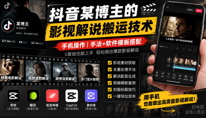 抖音某博主的影视解说搬运技术,手机操作,手法+软件模板搭配-旺仔资源库