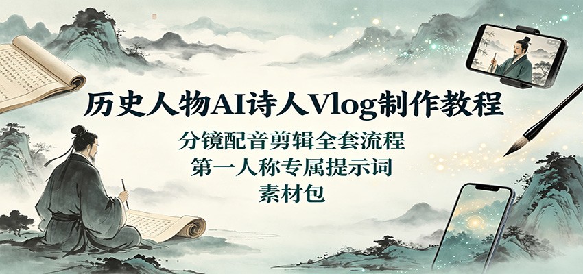 历史人物AI诗人Vlog制作教程:分镜配音剪辑全套流程,第一人称专属提示词素材包-旺仔资源库