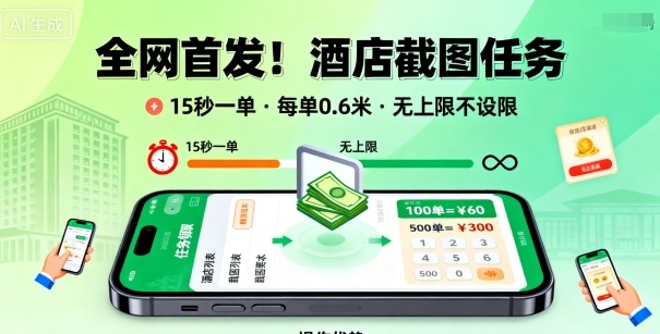 全网首发！酒店截图任务，15秒一单，每单0.6米，任务无上限不设限，矩阵操作单日3张到手【揭秘】-旺仔资源库