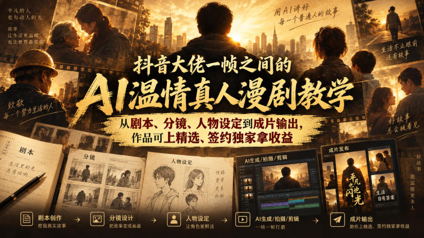 抖音大佬一帧之间的AI温情真人漫剧教学，从剧本、分镜、人物设定到成片输出，作品可上精选、签约独家拿收益-旺仔资源库