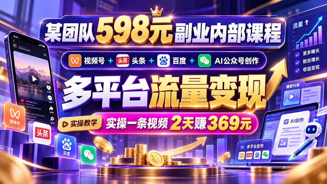 某团队598元副业内部课程:视频号+头条+百度+AI公众号创作、多平台流量变现,实操一条视频2天赚369元-旺仔资源库