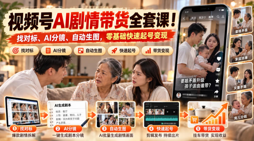 视频号AI剧情带货全套课!找对标、AI分镜、自动生图,零基础快速起号变现-旺仔资源库