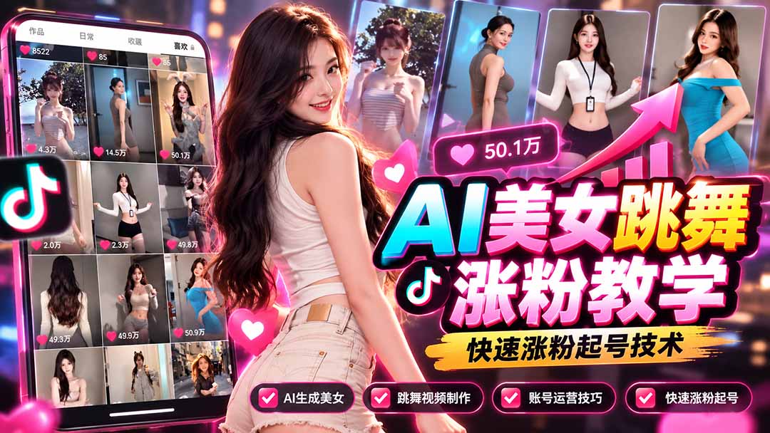 AI美女跳舞涨粉教学，AI生成美女，跳舞视频制作，账号运营与快速起号涨粉-旺仔资源库