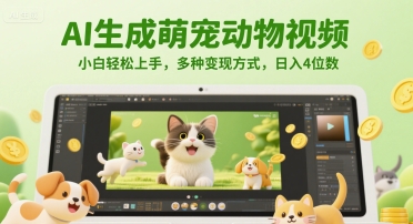 AI生成萌宠动物视频，小白轻松上手，多种变现方式，日入4位数-旺仔资源库