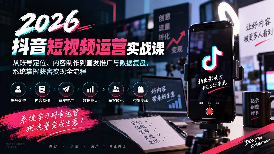 2026抖音短视频运营实战课：从账号定位、内容制作到宣发推广与数据复盘，系统掌握获客变现全流程-旺仔资源库