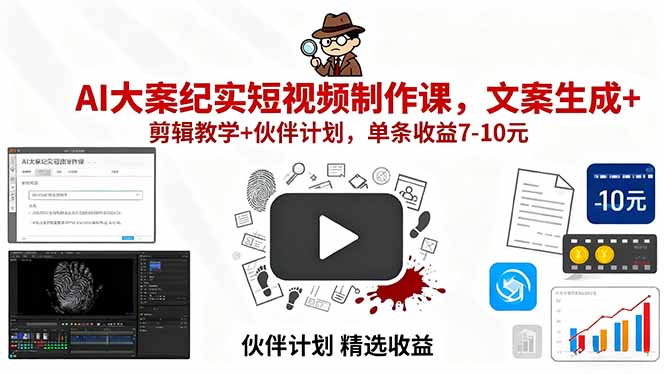 AI大案纪实短视频制作课，文案生成+剪辑教学+伙伴计划，单条收益7-10元-旺仔资源库