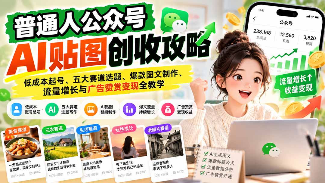 普通人公众号AI贴图创收攻略：低成本起号、五大赛道选题、爆款图文制作、流量增长与广告赞赏变现全教学-旺仔资源库